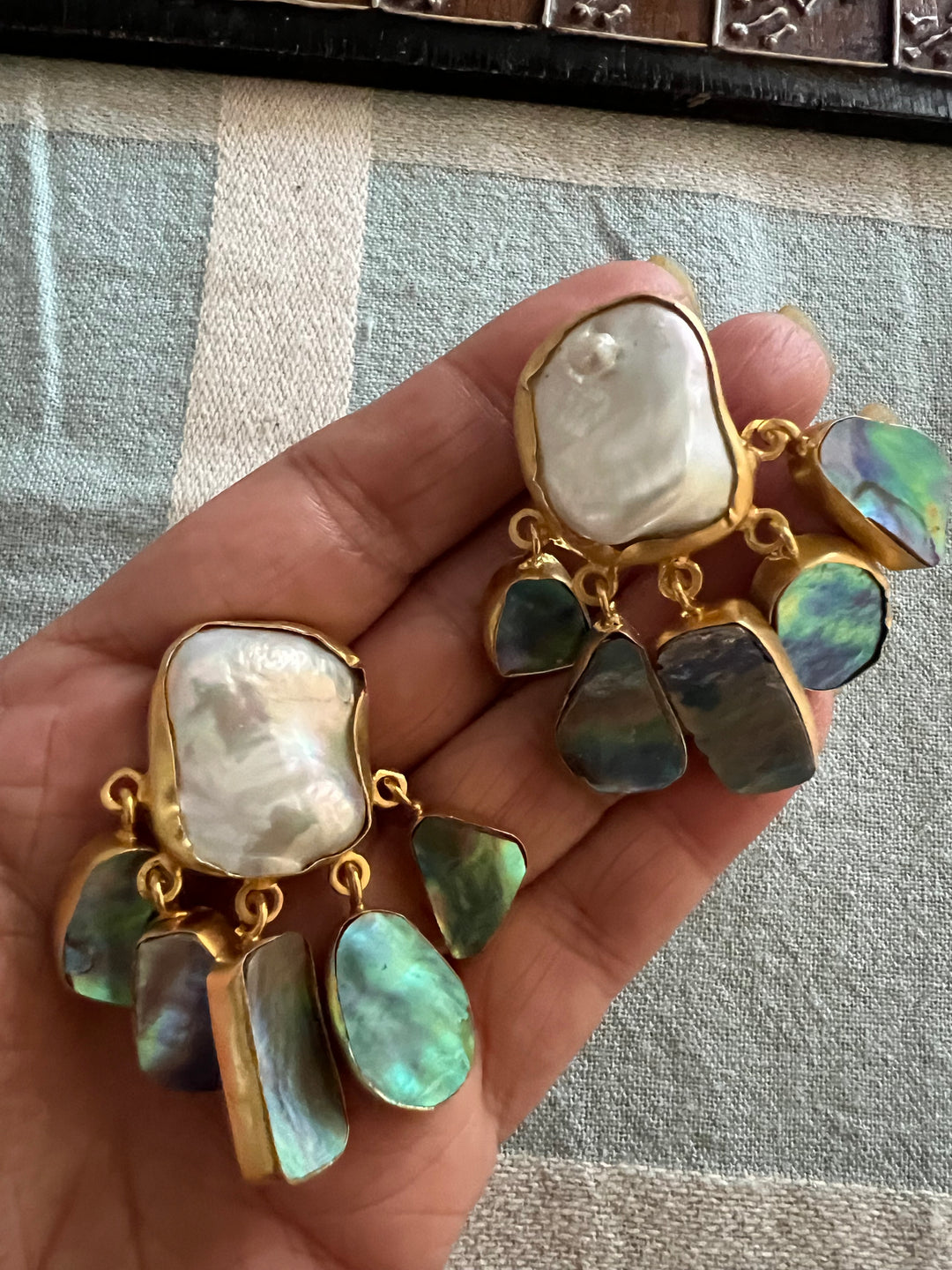 Handmade Brass Earrings with Abalone Shell & Baroque Pearls | Modern Gold Polish Statement Earrings by SHIVKA