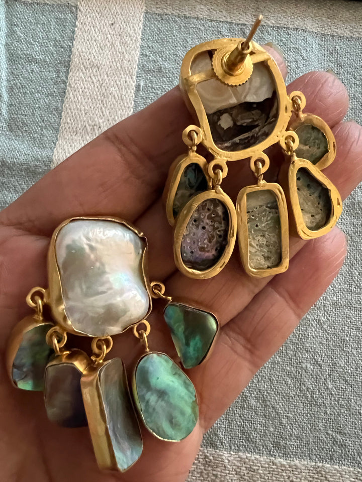 Handmade Brass Earrings with Abalone Shell & Baroque Pearls | Modern Gold Polish Statement Earrings by SHIVKA