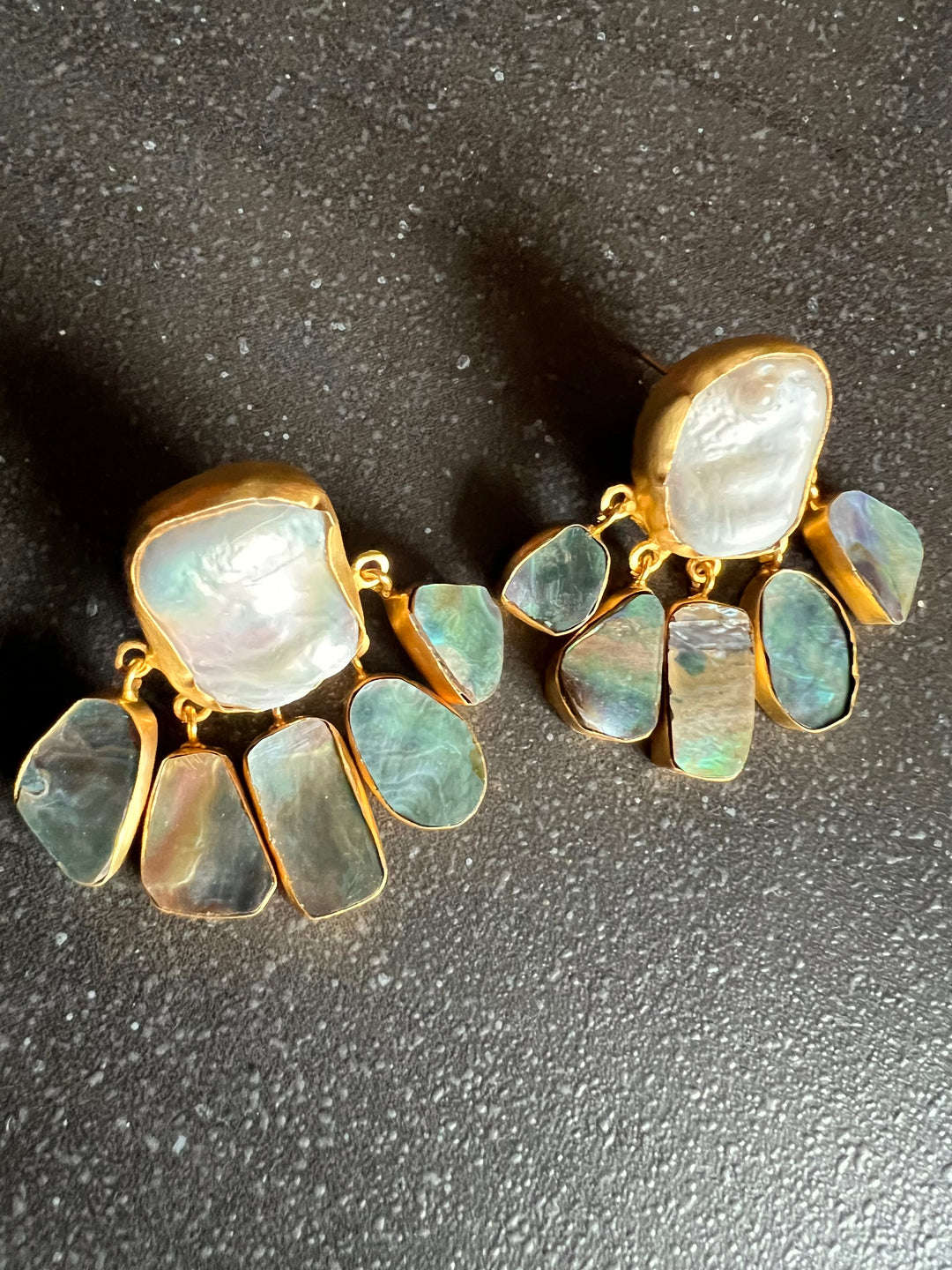 Handmade Brass Earrings with Abalone Shell & Baroque Pearls | Modern Gold Polish Statement Earrings by SHIVKA