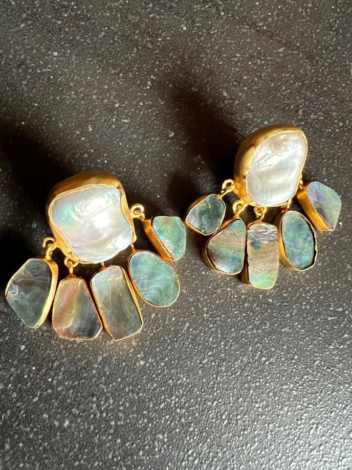 Handmade Brass Earrings with Abalone Shell & Baroque Pearls | Modern Gold Polish Statement Earrings by SHIVKA