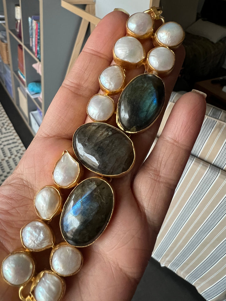 Handmade Brass Choker with Labradorite & Baroque Pearls | Adjustable Modern Gold Polish Necklace by SHIVKA