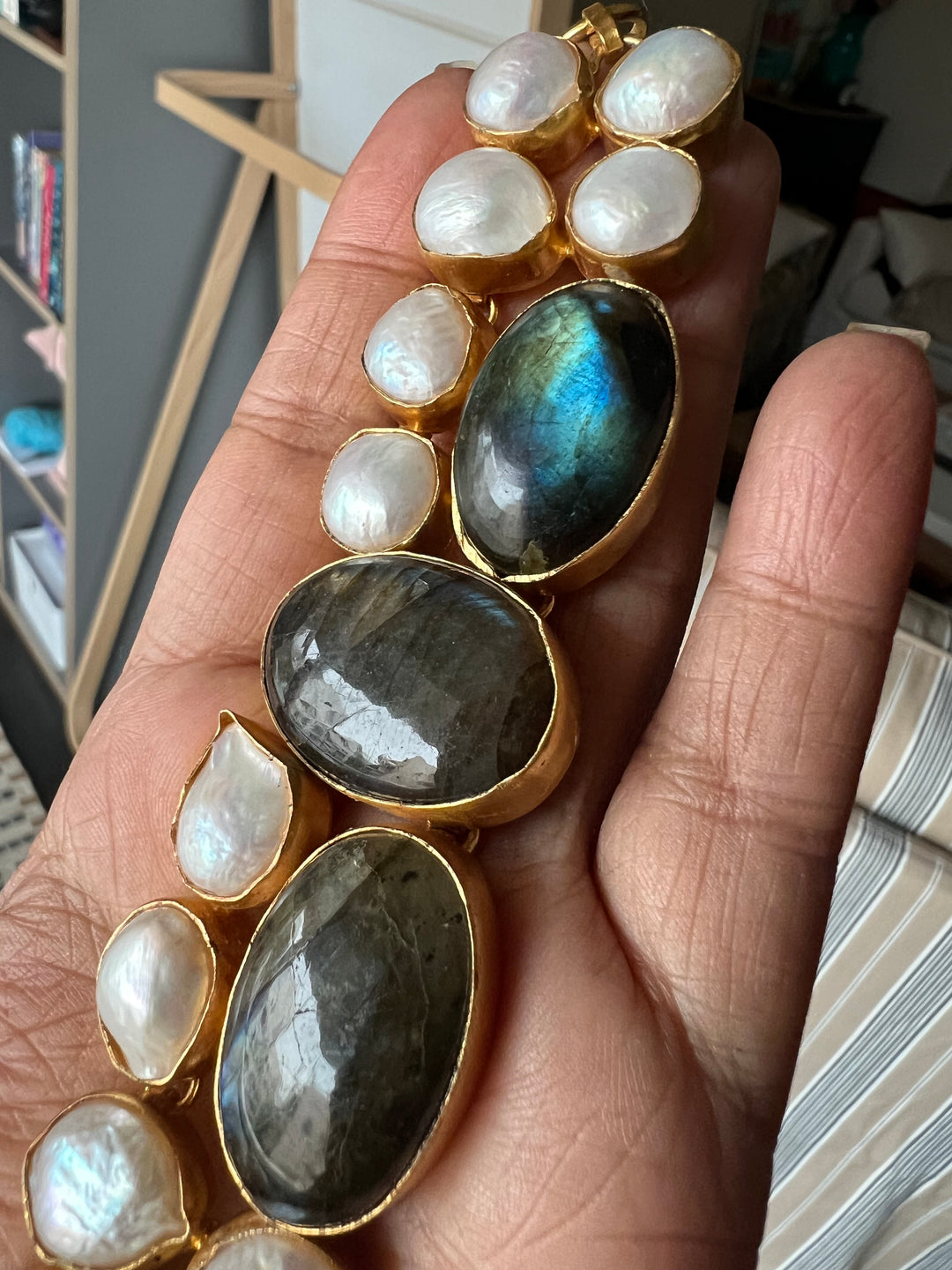 Handmade Brass Choker with Labradorite & Baroque Pearls | Adjustable Modern Gold Polish Necklace by SHIVKA