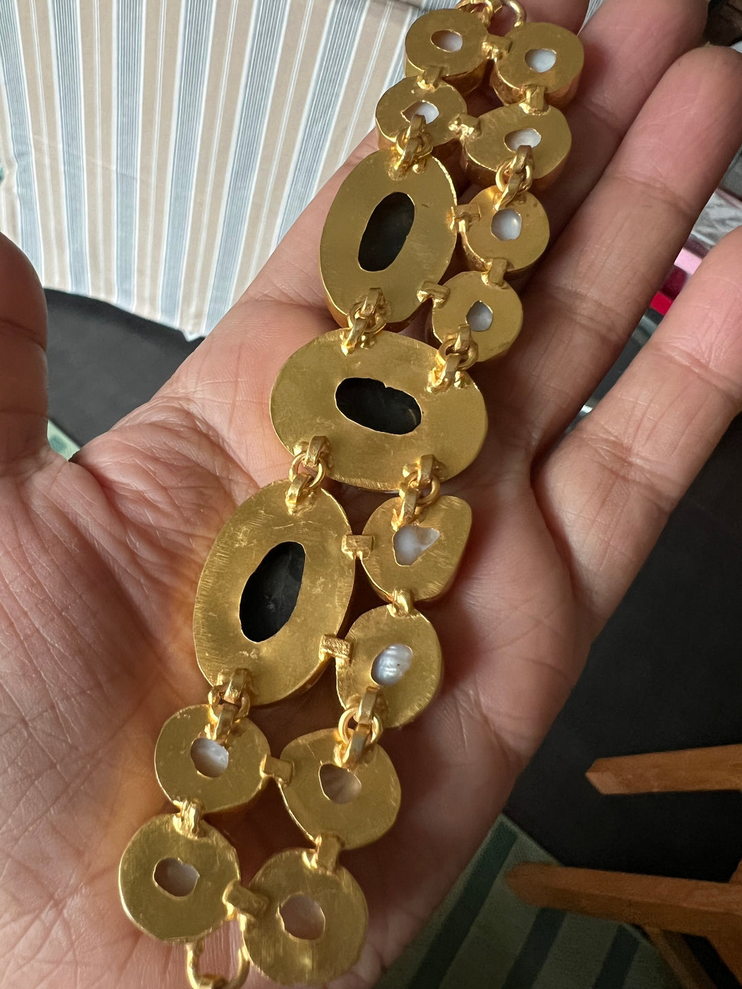 Handmade Brass Choker with Labradorite & Baroque Pearls | Adjustable Modern Gold Polish Necklace by SHIVKA