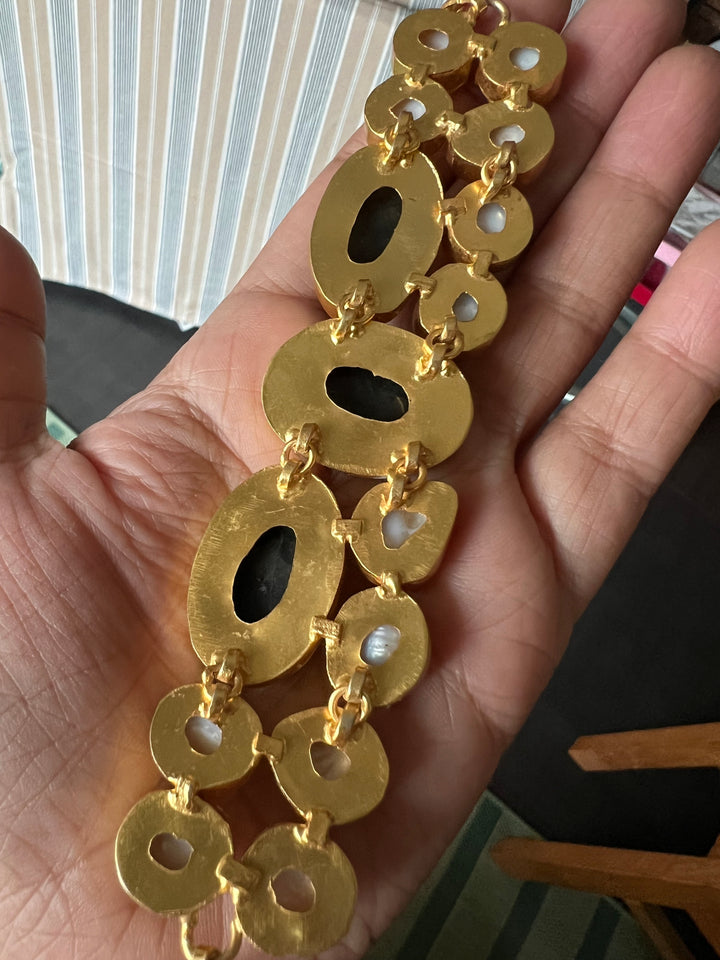 Handmade Brass Choker with Labradorite & Baroque Pearls | Adjustable Modern Gold Polish Necklace by SHIVKA