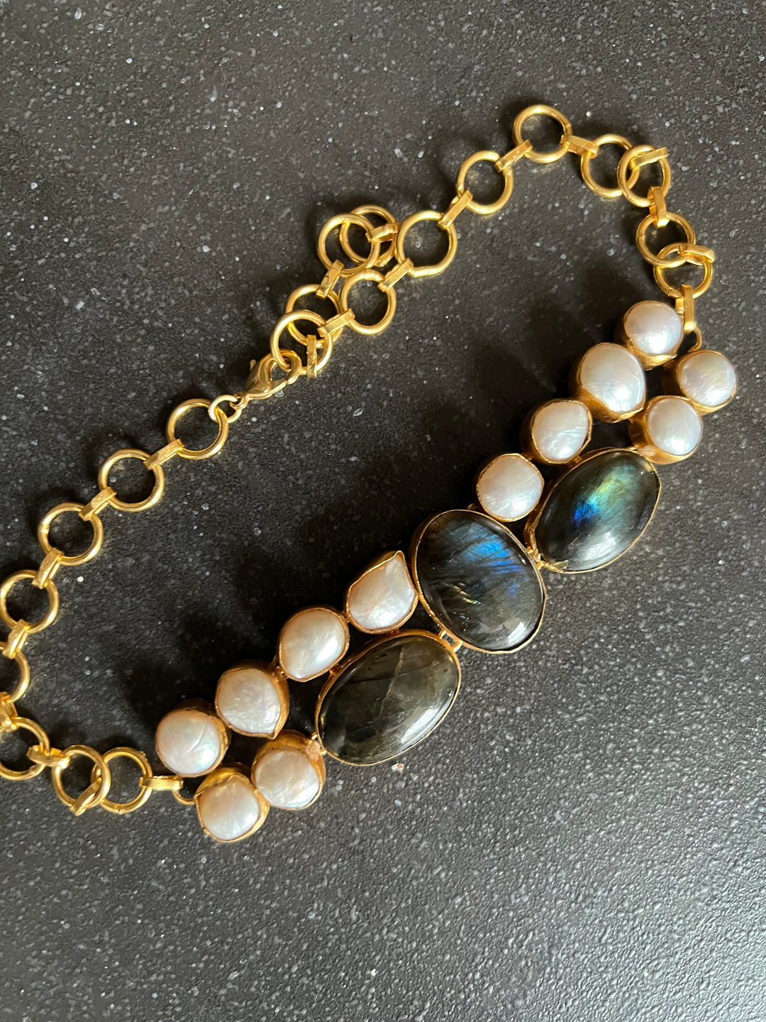 Handmade Brass Choker with Labradorite & Baroque Pearls | Adjustable Modern Gold Polish Necklace by SHIVKA