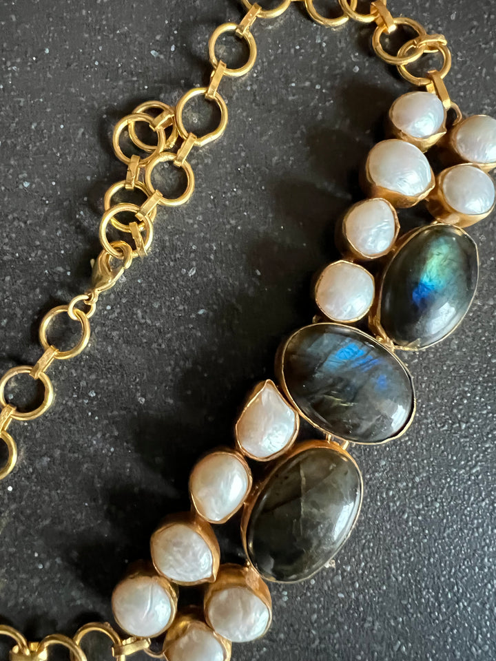 Handmade Brass Choker with Labradorite & Baroque Pearls | Adjustable Modern Gold Polish Necklace by SHIVKA