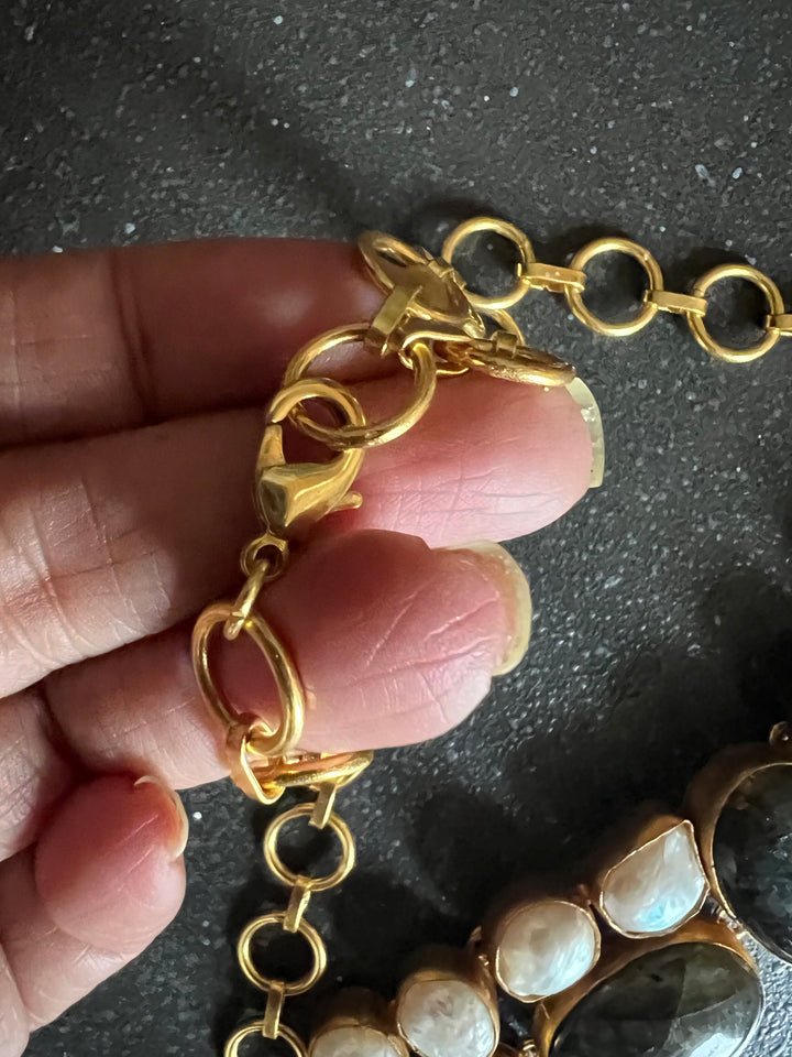 Handmade Brass Choker with Labradorite & Baroque Pearls | Adjustable Modern Gold Polish Necklace by SHIVKA