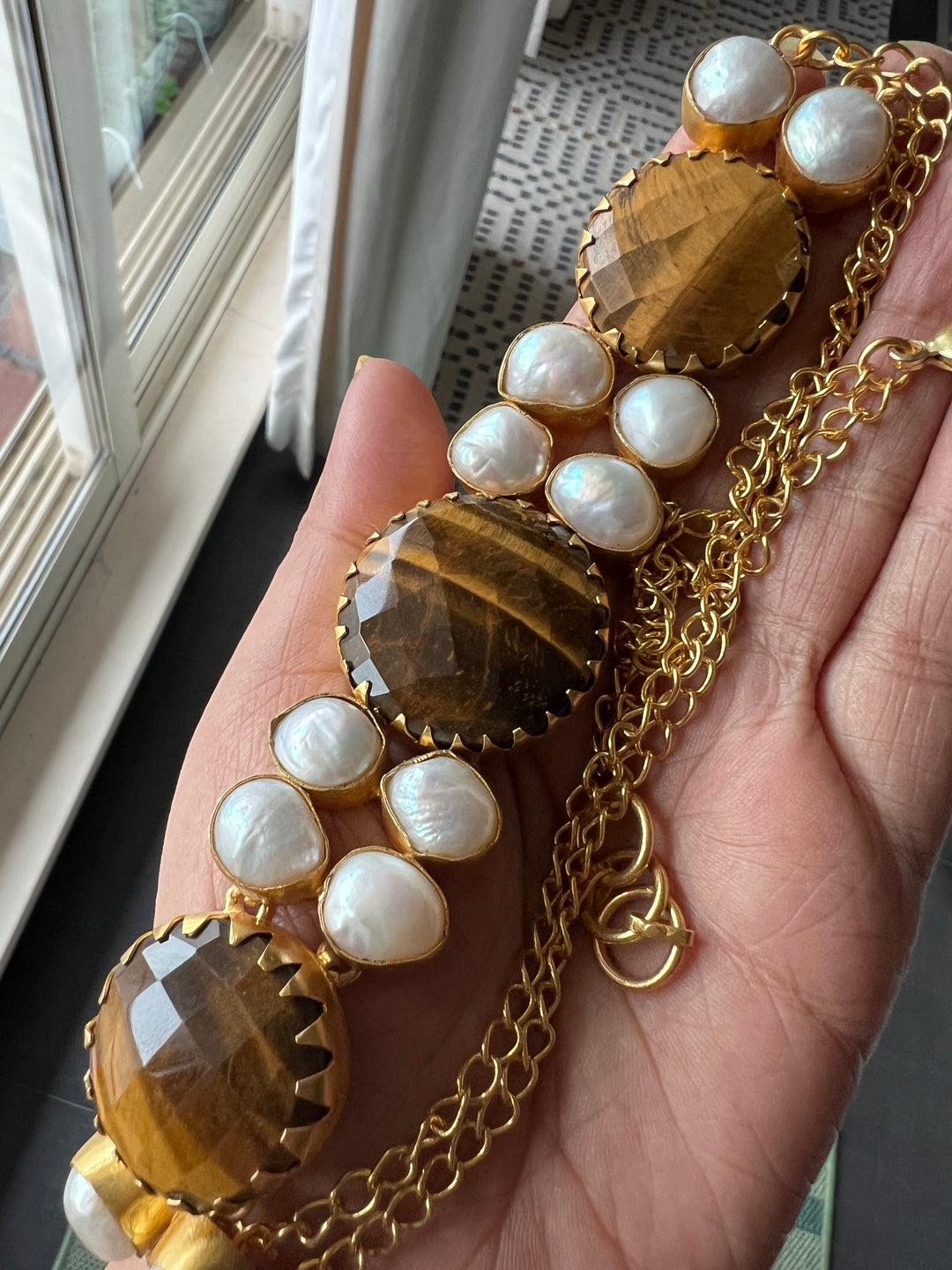 Handmade Brass Choker with Tiger's Eye & Baroque Pearls | Adjustable Modern Gold Polish Necklace by SHIVKA