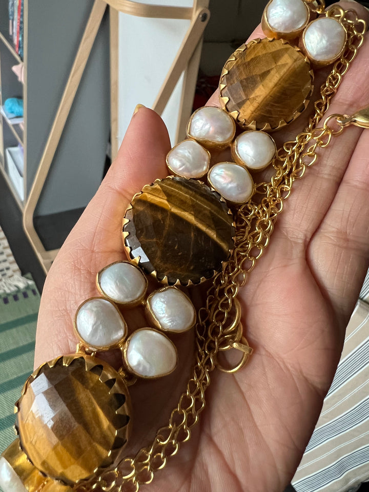 Handmade Brass Choker with Tiger's Eye & Baroque Pearls | Adjustable Modern Gold Polish Necklace by SHIVKA
