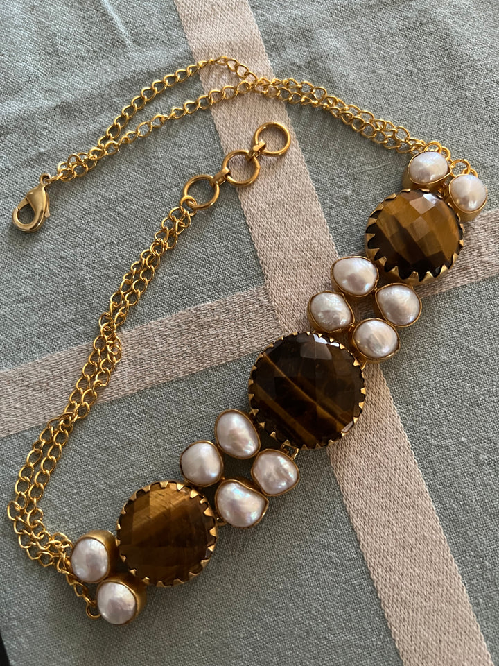 Handmade Brass Choker with Tiger's Eye & Baroque Pearls | Adjustable Modern Gold Polish Necklace by SHIVKA