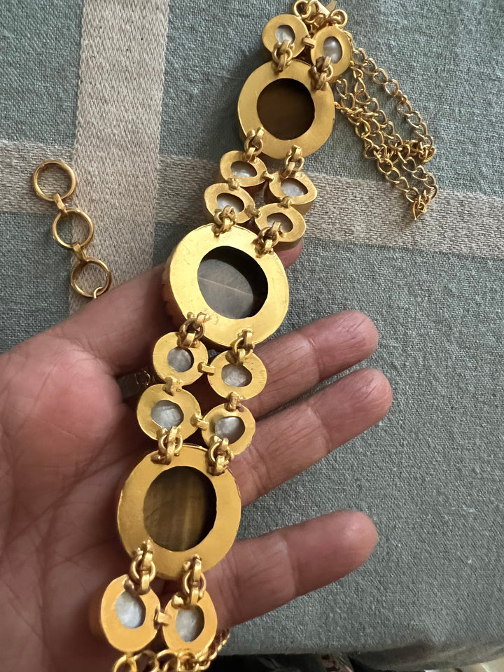 Handmade Brass Choker with Tiger's Eye & Baroque Pearls | Adjustable Modern Gold Polish Necklace by SHIVKA