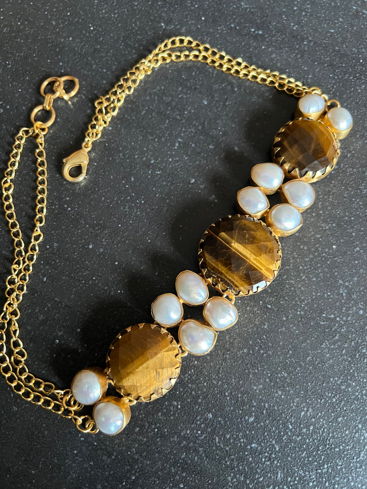Handmade Brass Choker with Tiger's Eye & Baroque Pearls | Adjustable Modern Gold Polish Necklace by SHIVKA