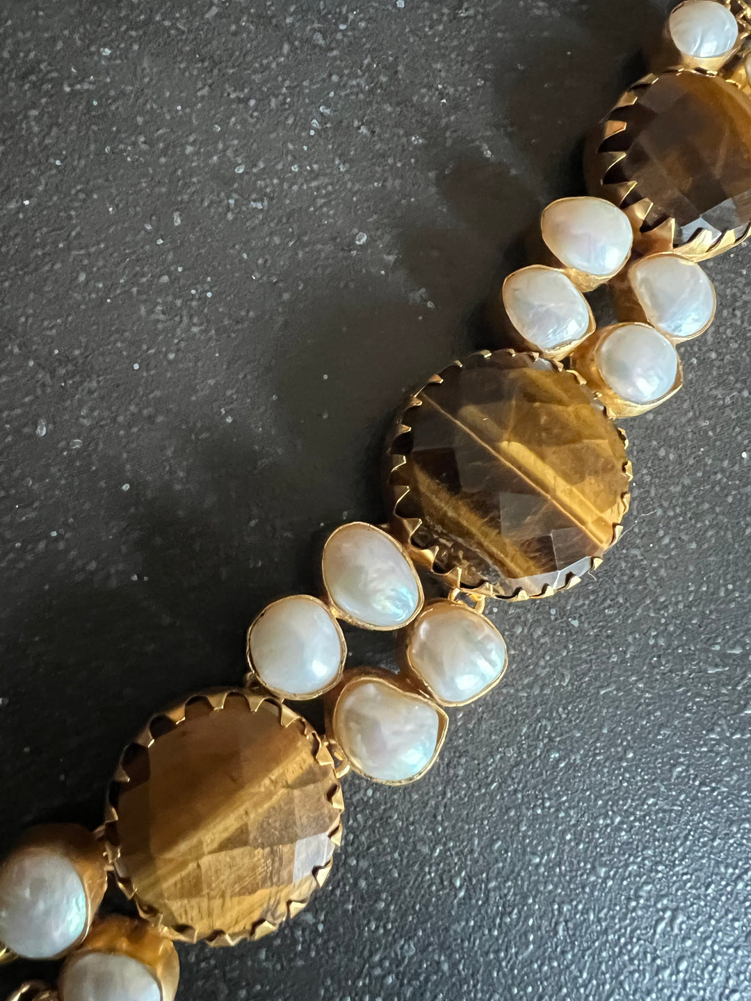 Handmade Brass Choker with Tiger's Eye & Baroque Pearls | Adjustable Modern Gold Polish Necklace by SHIVKA