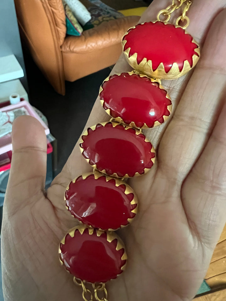 Handmade Brass Choker with Coral | Adjustable Modern Gold Polish Necklace by SHIVKA