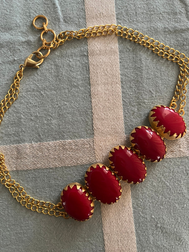 Handmade Brass Choker with Coral | Adjustable Modern Gold Polish Necklace by SHIVKA