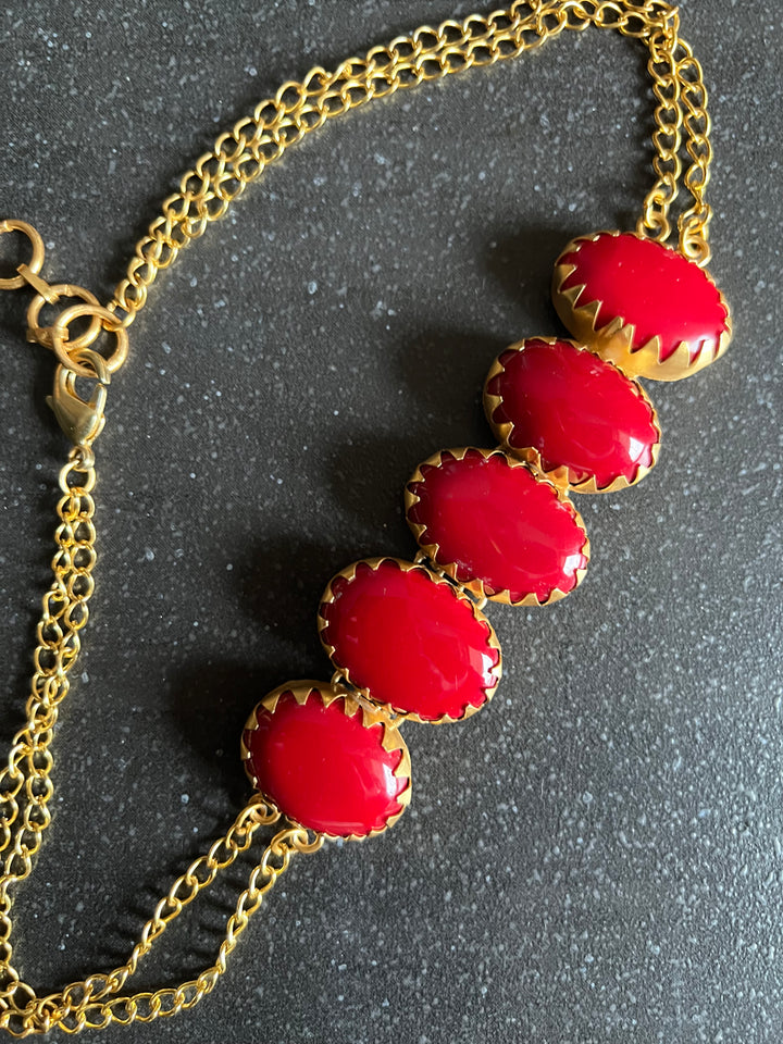Handmade Brass Choker with Coral | Adjustable Modern Gold Polish Necklace by SHIVKA