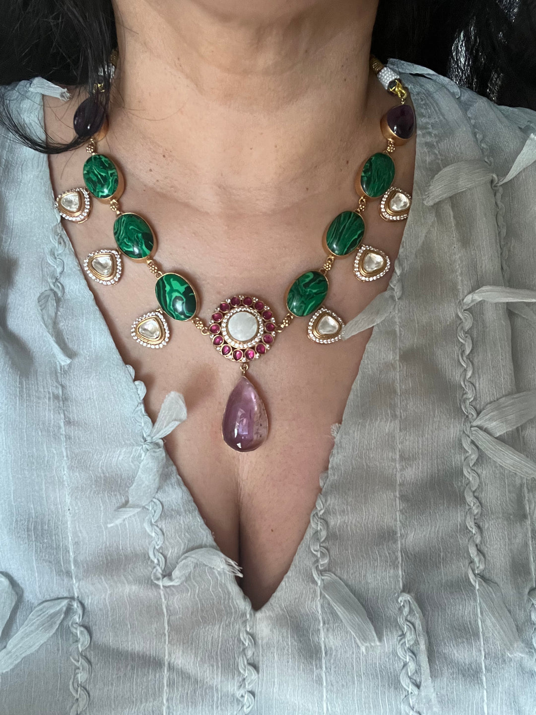 Amethyst and Malachite Kundan Necklace Set - Unmatched Quality and Style