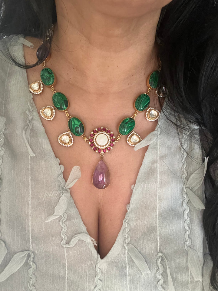Amethyst and Malachite Kundan Necklace Set - Unmatched Quality and Style
