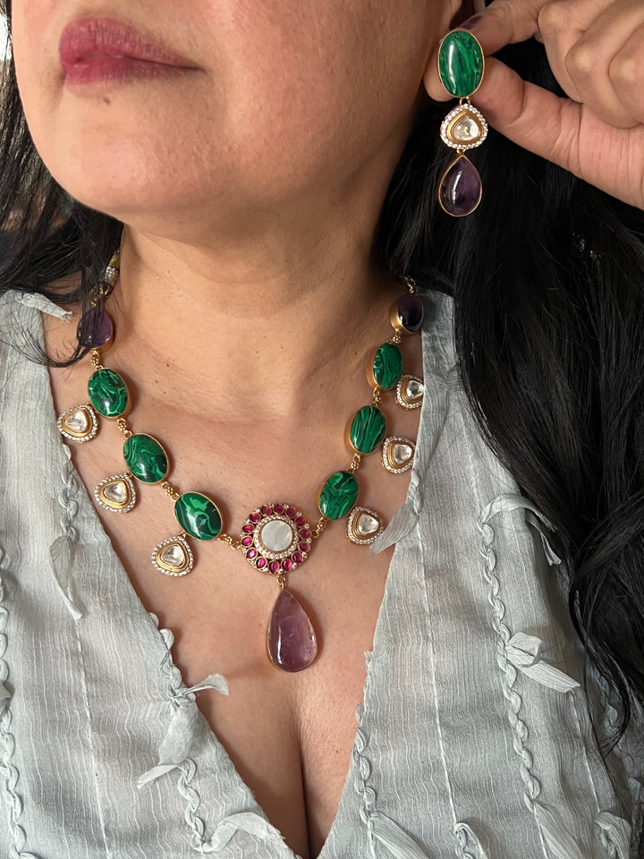 Amethyst and Malachite Kundan Necklace Set - Unmatched Quality and Style