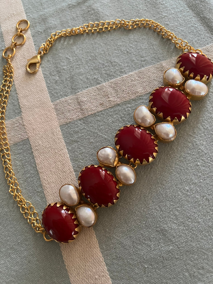 Handmade Brass Choker with Corals & Baroque Pearls | Adjustable Modern Gold Polish Necklace by SHIVKA