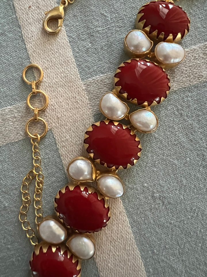 Handmade Brass Choker with Corals & Baroque Pearls | Adjustable Modern Gold Polish Necklace by SHIVKA