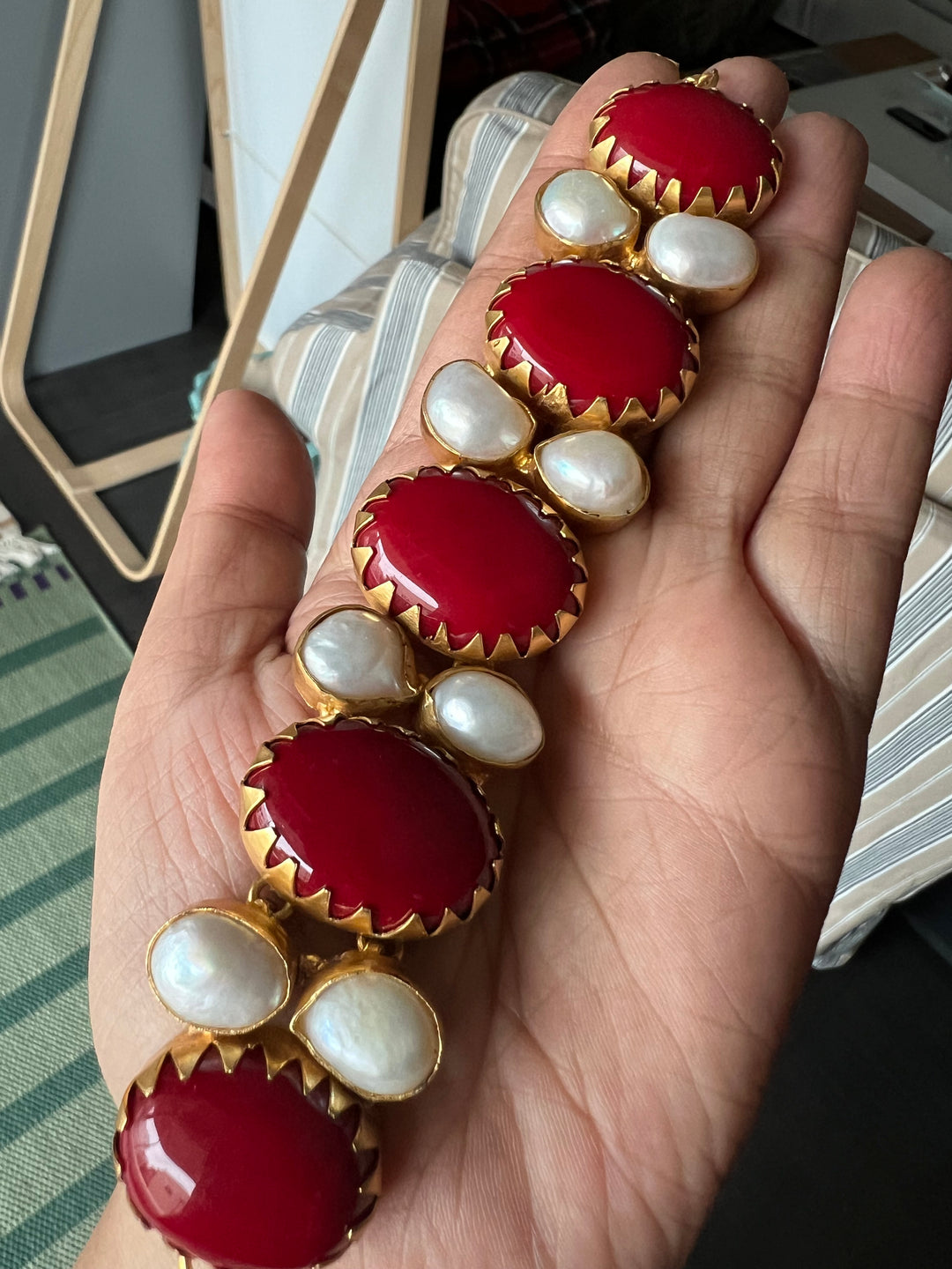 Handmade Brass Choker with Corals & Baroque Pearls | Adjustable Modern Gold Polish Necklace by SHIVKA