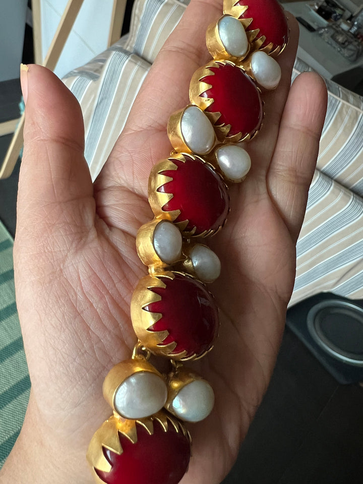 Handmade Brass Choker with Corals & Baroque Pearls | Adjustable Modern Gold Polish Necklace by SHIVKA