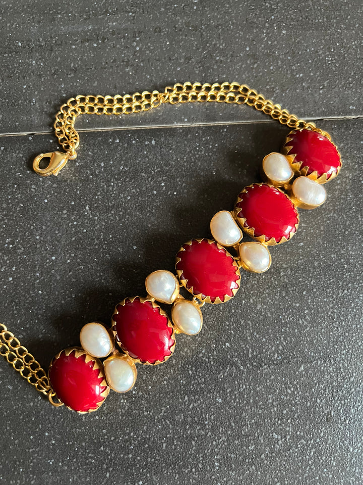 Handmade Brass Choker with Corals & Baroque Pearls | Adjustable Modern Gold Polish Necklace by SHIVKA