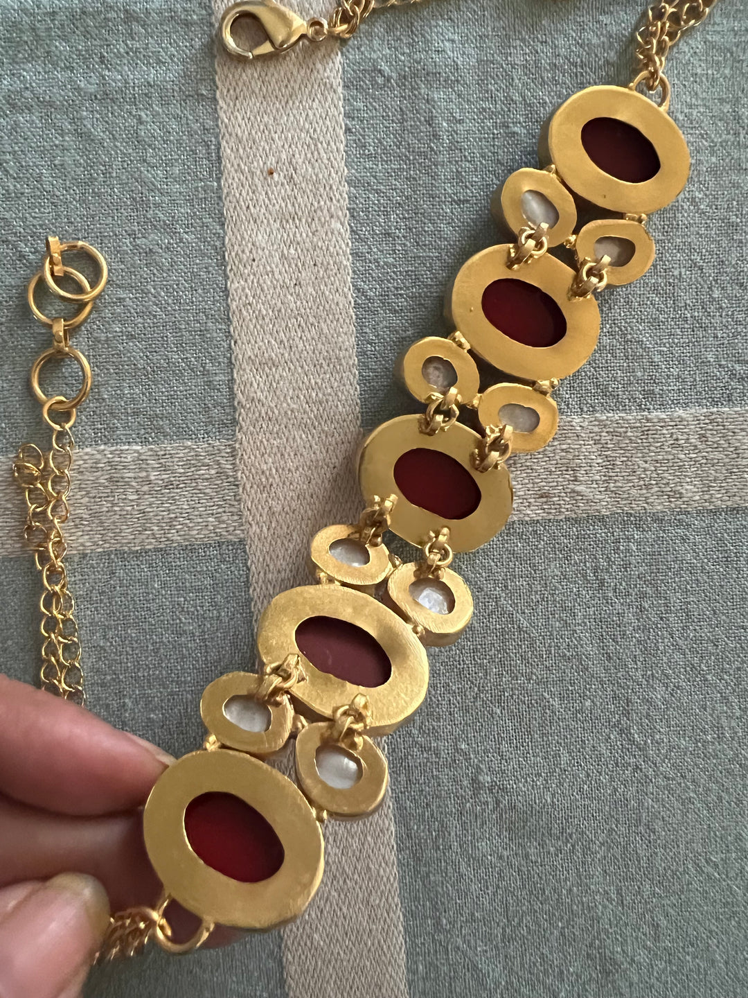 Handmade Brass Choker with Corals & Baroque Pearls | Adjustable Modern Gold Polish Necklace by SHIVKA