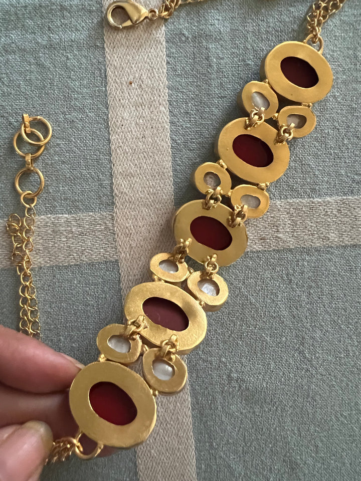 Handmade Brass Choker with Corals & Baroque Pearls | Adjustable Modern Gold Polish Necklace by SHIVKA