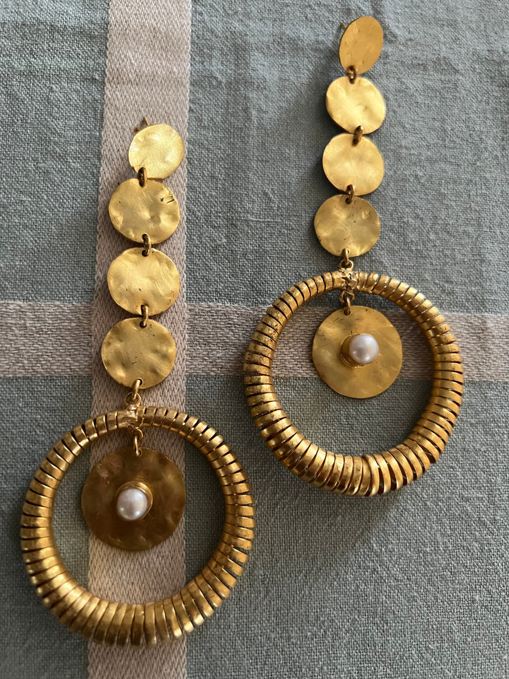 Handmade Statement Baroque Pearl Danglers | Modern Gold Polish Brass Earrings by SHIVKA