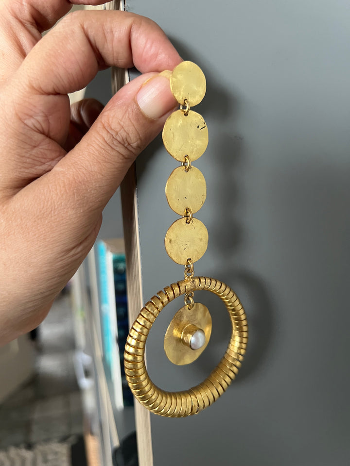 Handmade Statement Baroque Pearl Danglers | Modern Gold Polish Brass Earrings by SHIVKA