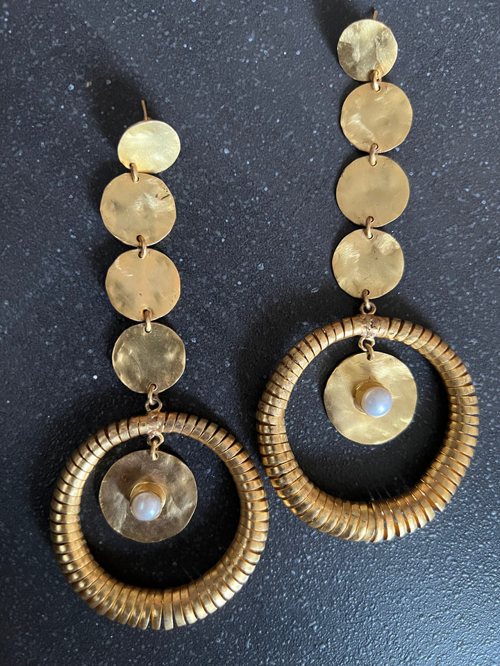Handmade Statement Baroque Pearl Danglers | Modern Gold Polish Brass Earrings by SHIVKA