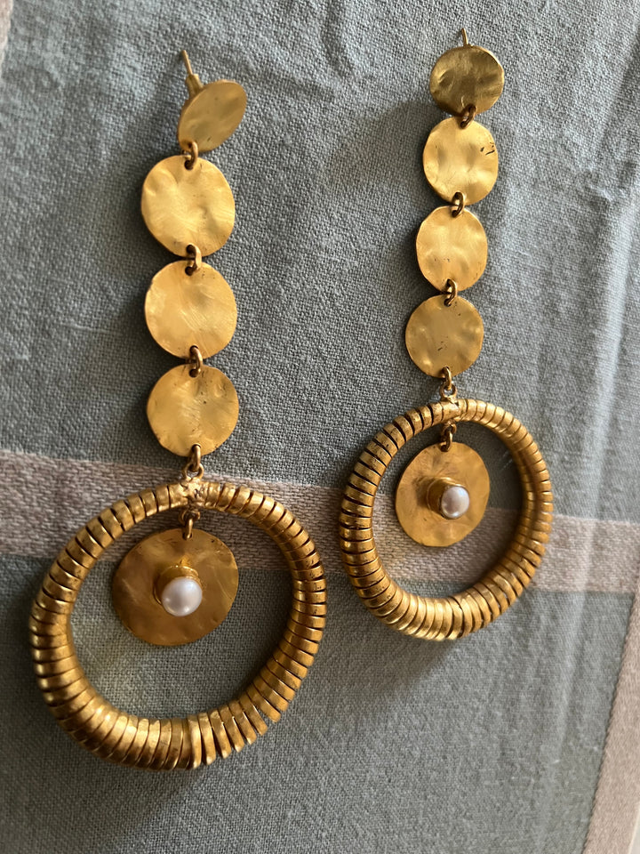 Handmade Statement Baroque Pearl Danglers | Modern Gold Polish Brass Earrings by SHIVKA
