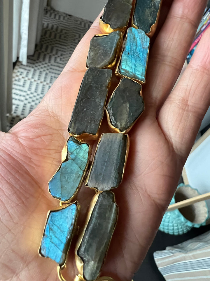 Handmade Choker with Raw Natural Labradorite | Adjustable Modern Gold Polish Necklace by SHIVKA