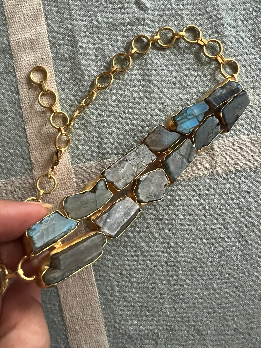 Handmade Choker with Raw Natural Labradorite | Adjustable Modern Gold Polish Necklace by SHIVKA