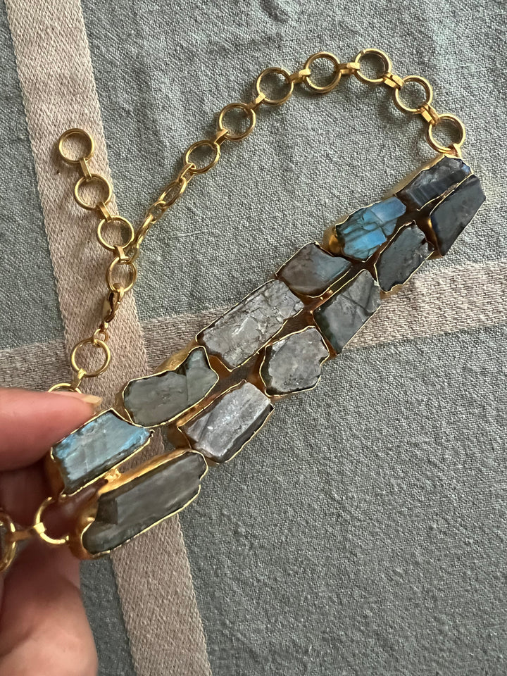 Handmade Choker with Raw Natural Labradorite | Adjustable Modern Gold Polish Necklace by SHIVKA