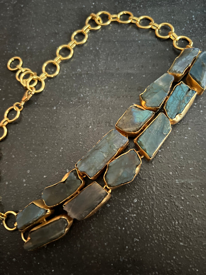 Handmade Choker with Raw Natural Labradorite | Adjustable Modern Gold Polish Necklace by SHIVKA