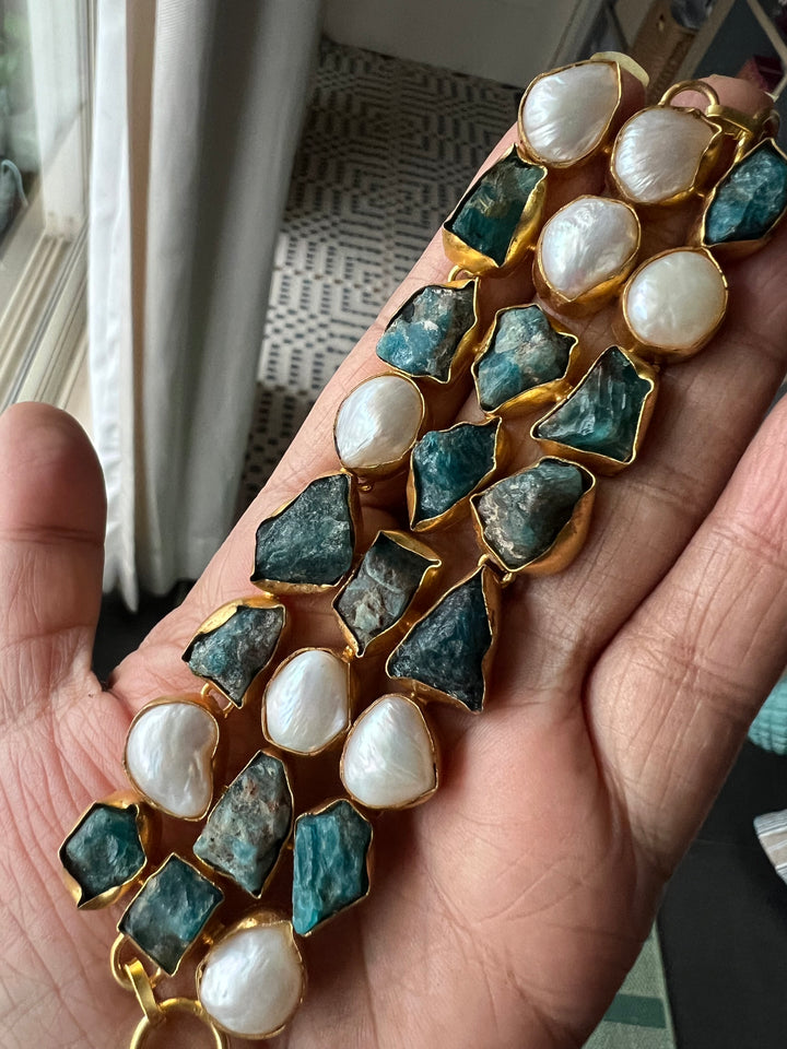 Handmade Choker with Malachite & Baroque Pearls | Adjustable Modern Gold Polish Necklace by SHIVKA