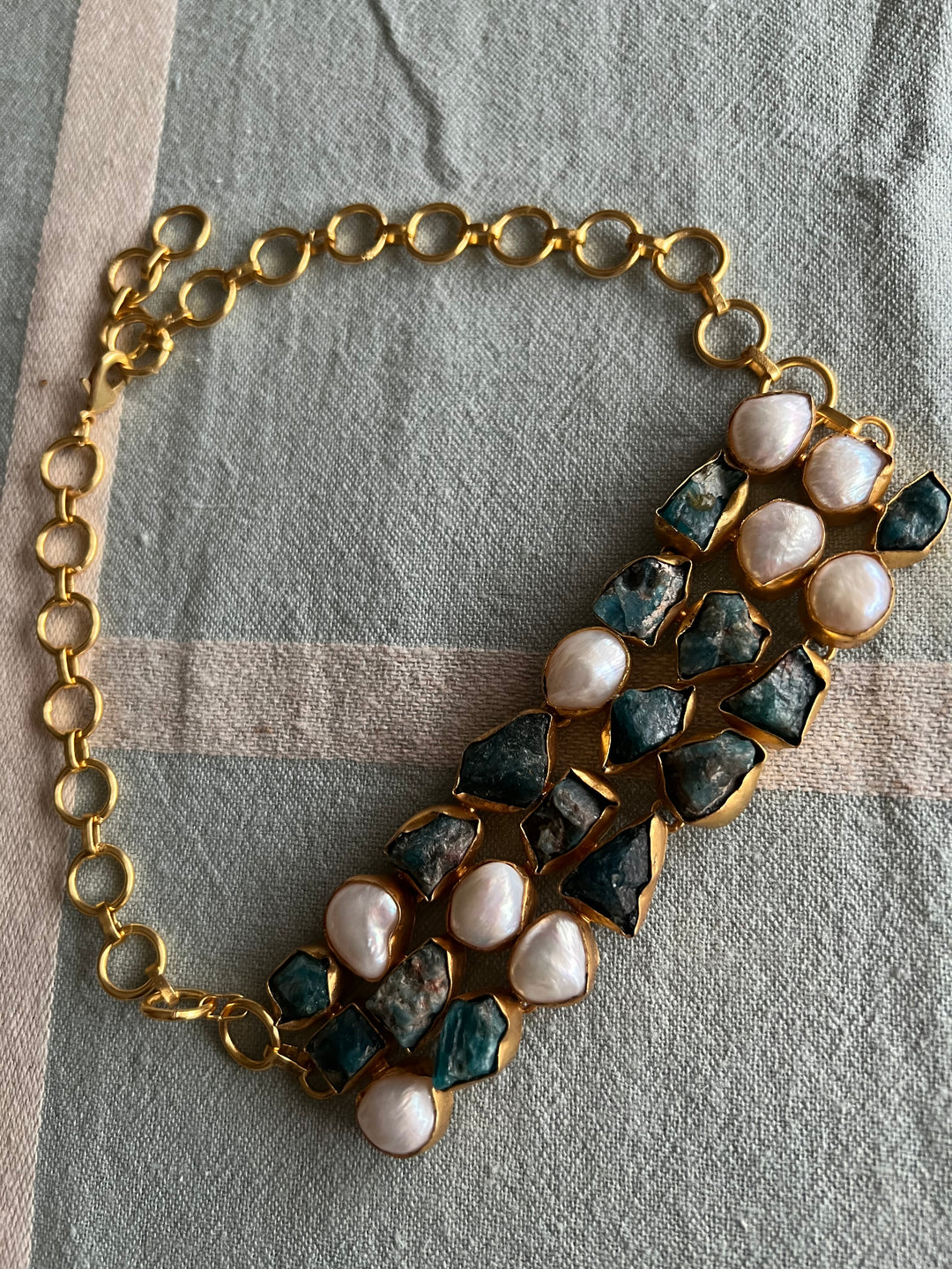 Handmade Choker with Malachite & Baroque Pearls | Adjustable Modern Gold Polish Necklace by SHIVKA