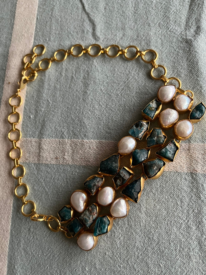 Handmade Choker with Malachite & Baroque Pearls | Adjustable Modern Gold Polish Necklace by SHIVKA