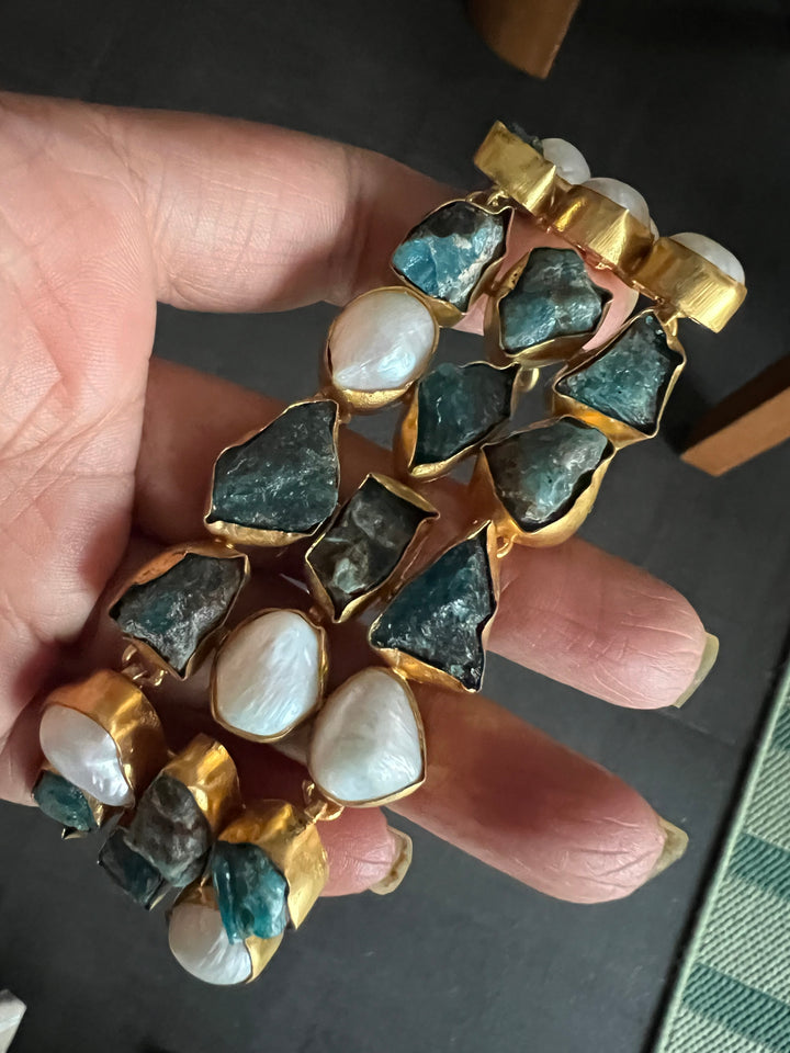 Handmade Choker with Malachite & Baroque Pearls | Adjustable Modern Gold Polish Necklace by SHIVKA