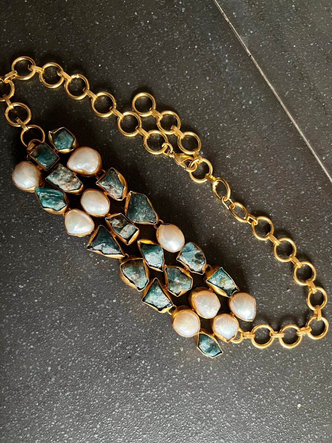 Handmade Choker with Malachite & Baroque Pearls | Adjustable Modern Gold Polish Necklace by SHIVKA