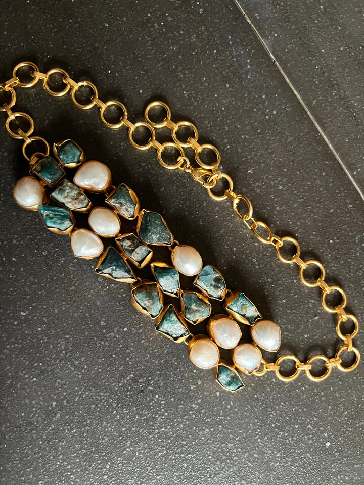 Handmade Choker with Malachite & Baroque Pearls | Adjustable Modern Gold Polish Necklace by SHIVKA