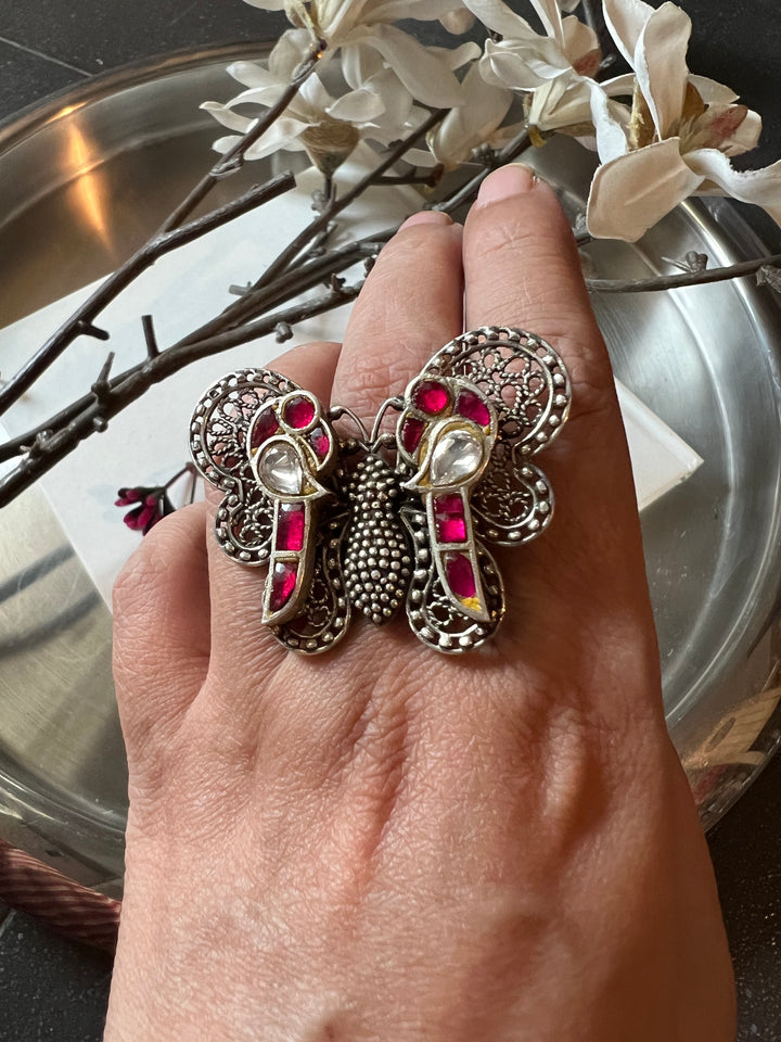 Kundan Butterfly Pure 925 Silver Ring