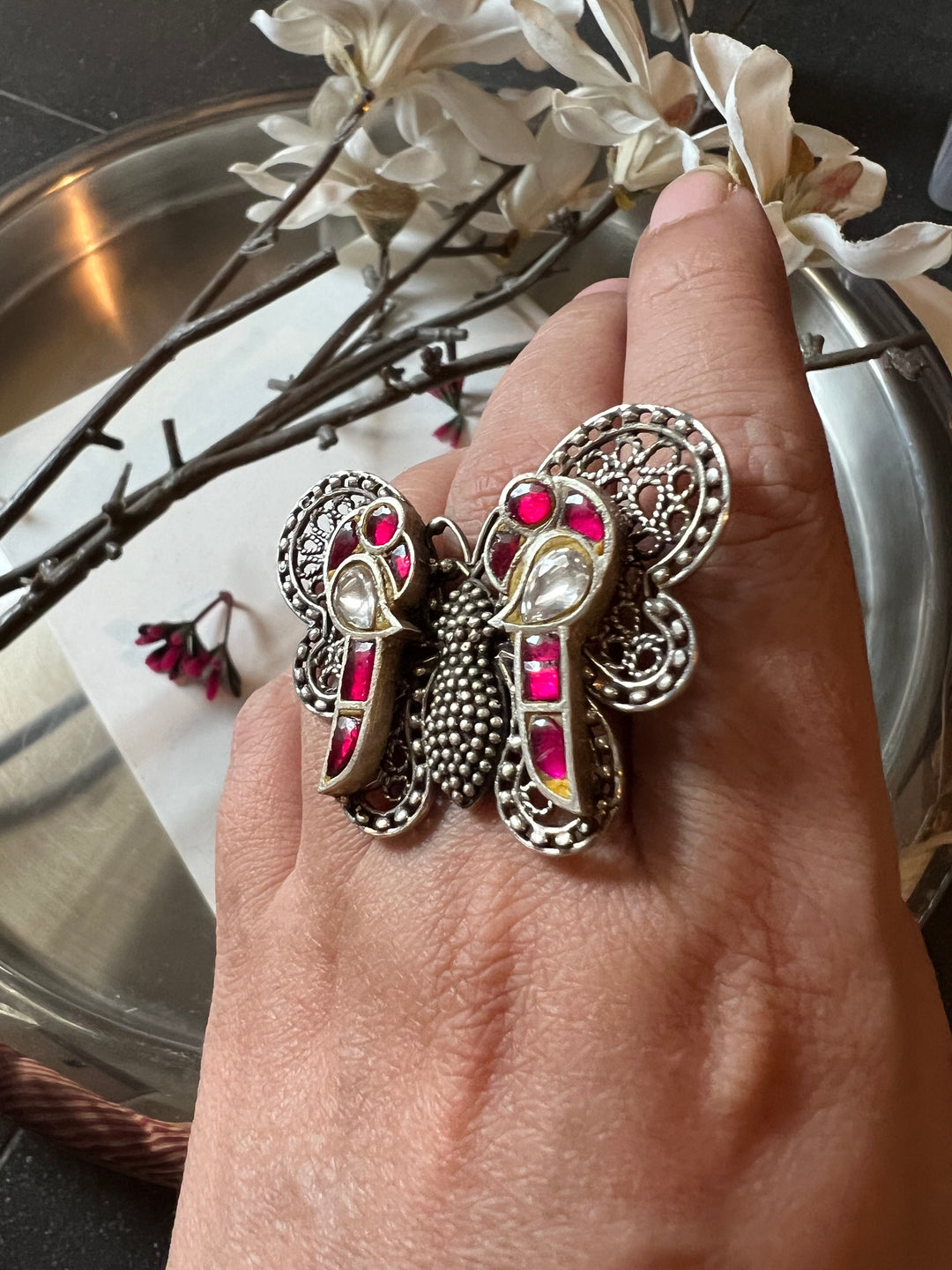 Kundan Butterfly Pure 925 Silver Ring