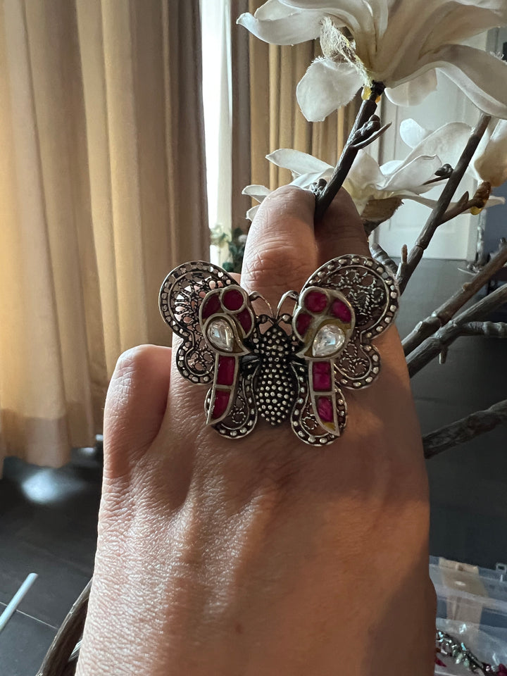 Kundan Butterfly Pure 925 Silver Ring