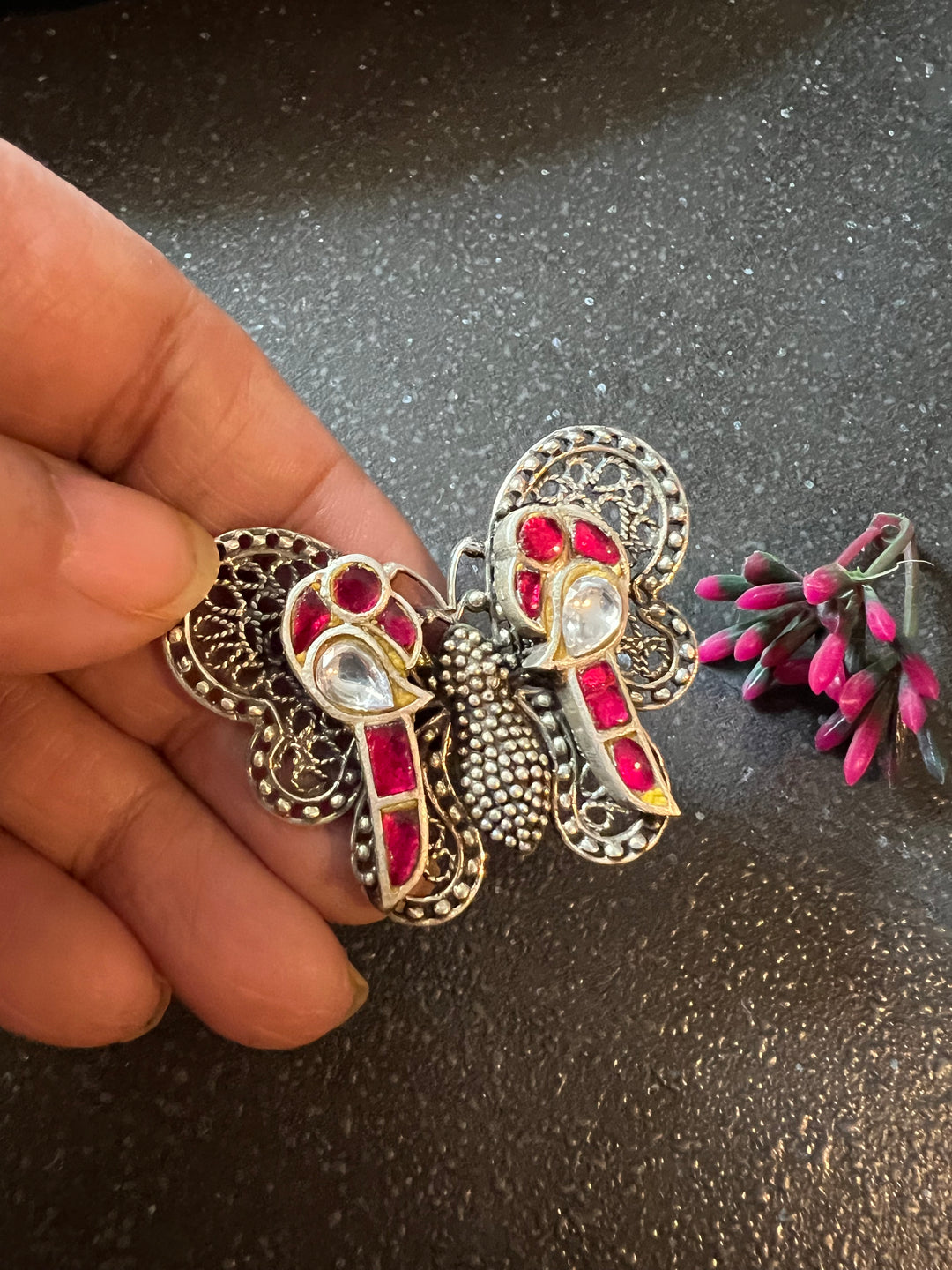 Kundan Butterfly Pure 925 Silver Ring