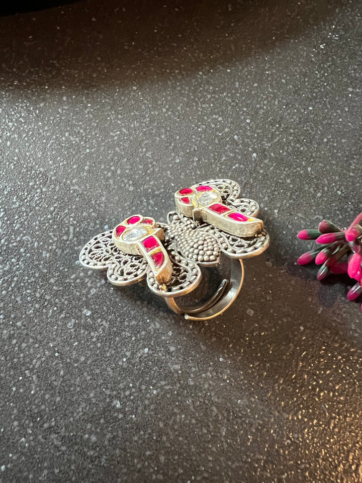 Kundan Butterfly Pure 925 Silver Ring