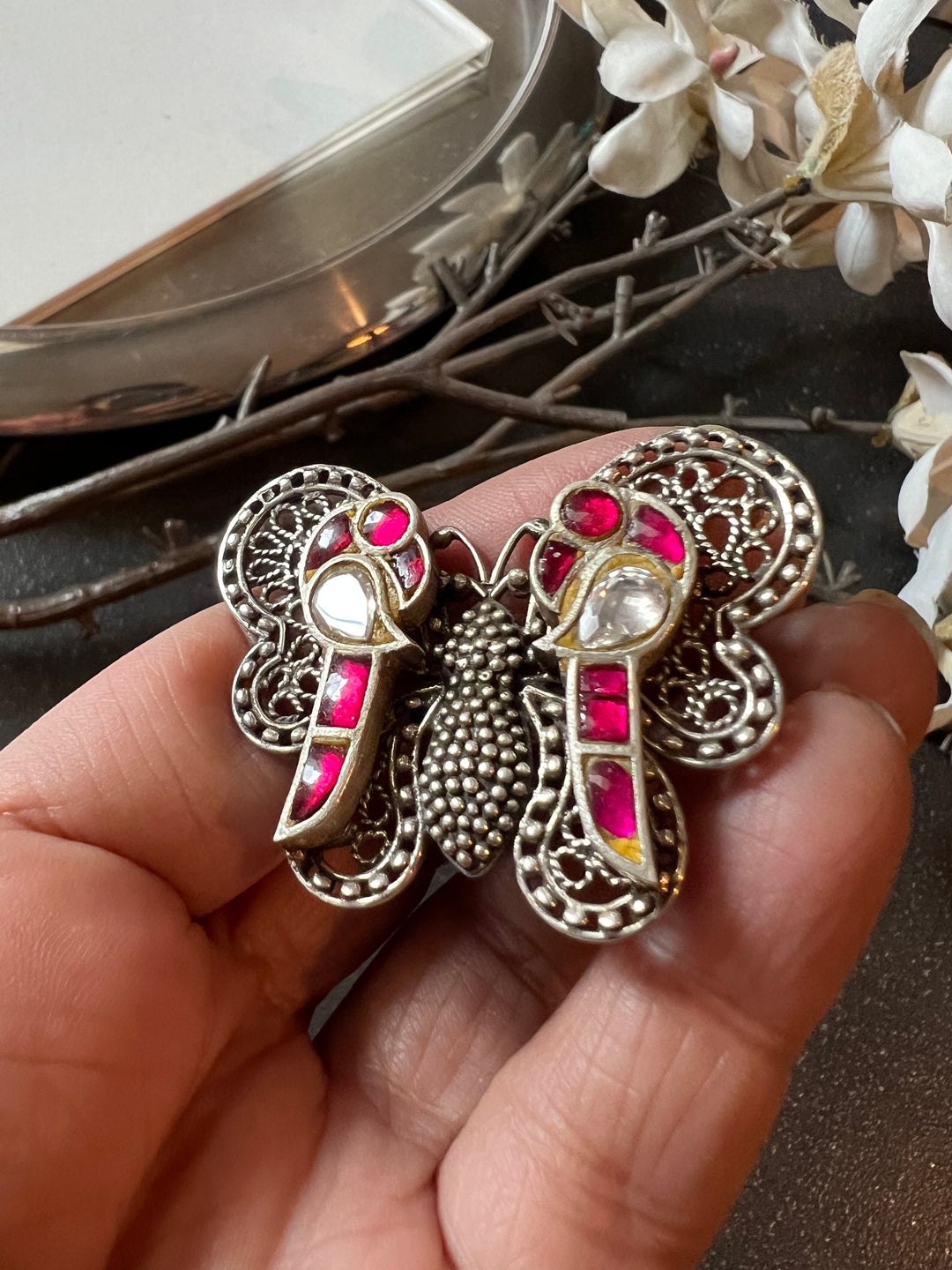 Kundan Butterfly Pure 925 Silver Ring